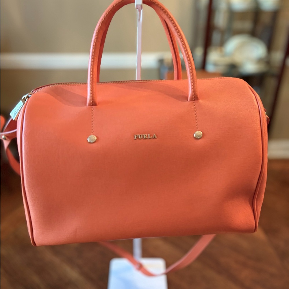 Furla Coral-Orange Satchel with Gold Hardware